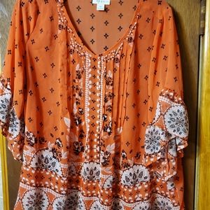 Style & Co 1X sheer bohemian blouse bell 3/4 sleev